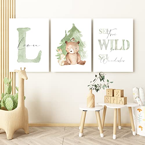 Pandawal Bilder Kinderzimmer Babyzimmer Waldtiere im Wald Deko Poster Set 3er Tiere für Kinder Junge I Mädchen mit Name und Spruch von Pandawal