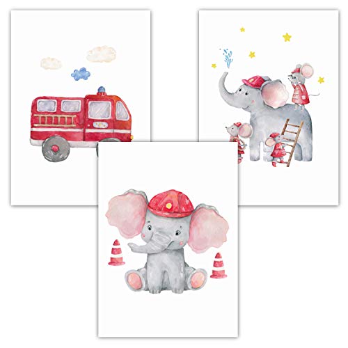 Pandawal Kinderzimmer Bilder Babyzimmer Deko Junge und Mädchen Grau Feuerwehrauto/Elefant/Mäuse 3er Poster Set (T1) Kinder Wandbilder DIN A4 Baby Kinderposter Wasserfarbe von Pandawal