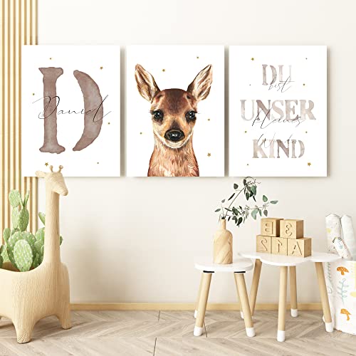 Pandawal Kinderzimmer Bilder mit Spruch und Name Baby Waldtiere Sterne 3er Poster- Set für Mädchen Junge Wandbilder von Pandawal