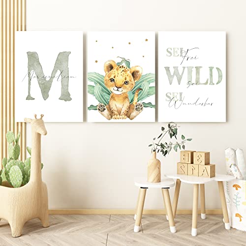 Pandawal Kinderzimmer Bilder mit Spruch und Name Safari Tiere 3er Poster- Set für Mädchen und Junge Wandbilder von Pandawal