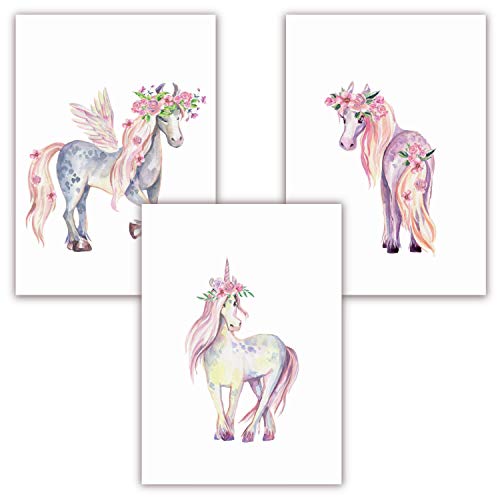 Pandawal Wandbilder Kinderzimmer/Babyzimmer Bilder für Mädchen Einhorn/Pferde 3er Poster Set Pferd Rosa Pink Deko (P10) im DIN A3 Format von Pandawal