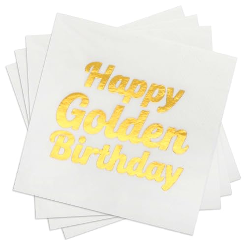 50 Stück 3 Schichten Happy Golden Birthday Partyzubehör, 12,7 x 12,7 cm Papierservietten, für goldene Geburtstagsparty-Dekorationen 50 Stück 3 Schichten Happy Golden Birthday Partyzubehör, 12,7 x 12,7 cm Papierservietten, für goldene Geburtstagsparty-Dekorationen von Pandecor
