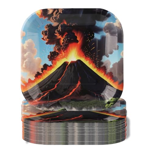 Pandecor 50 Stück Volcano Einweg-Pappteller, 17,8 cm, Vulkan, heiße Lava, Geburtstagsparty, Kuchenteller, Drachen-Dinosaurier-Party-Dekorationen (Vulcano) von Pandecor