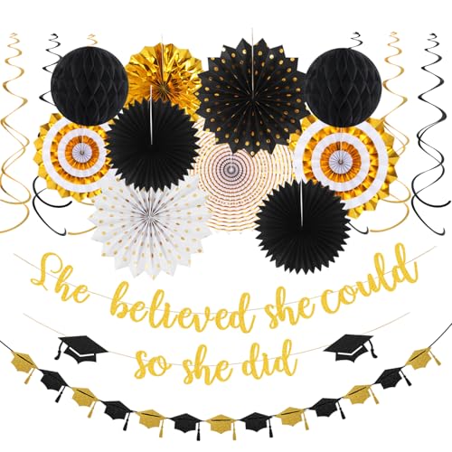 Party-Dekorationen, Abschlussbanner, Luftsprudler – 18-teiliges Set mit Aufschrift "Congratulations Grade She Believed She Could So She Did Girlande", Papiertissue Pom Poms Fächer, Wabenlaternen Party-Dekorationen, Abschlussbanner, Luftsprudler – 18-teiliges Set mit Aufschrift "Congratulations Grade She Believed She Could So She Did Girlande", Papiertissue Pom Poms Fächer, Wabenlaternen von Panduola