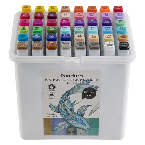 Panduro Twin Tip Marker 48 Farben mit Brush Pinselspitze und breiter Spitze | Marker Stifte Set mit Doppelspitze zum Zeichnen, Illustration, Skizzieren, 47 Grundfarben, 1 Marker-Mixer von Panduro