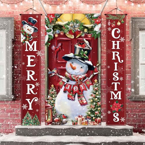 Panelee 3 Stück Weihnachten Tür Banner Dekorationen Schneemann Tür Abdeckung Polyester Stoff Merry Christmas Veranda Schilder Hintergrund für Winter Weihnachten Haustür Innen Außen Dekoration Zubehör von Panelee
