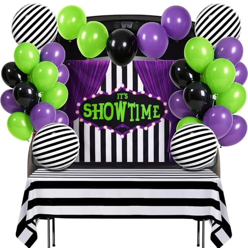 Panelee 36-teiliges Halloween-Autodekorationsset, schwarz-weiß gestreifte Hintergrunddekorationen, gestreifte Flagge und Tischdecke, 34 Aluminium-Ballons für Garagentor, Partyzubehör von Panelee