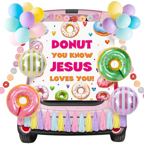 Panelee Halloween-Autodekorationsset für Kofferraum oder Leckerli, Donut-Motiv "You Know Jesus Loves You", Hintergrund-Banner, Donut-Lutscher, Ballons, Quasten, Dekoration für Auto, SUV, Garage von Panelee