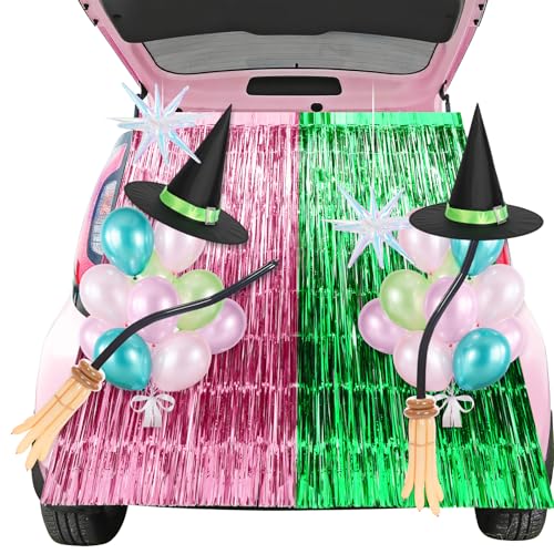 Panelee Halloween Trunk or Treat Auto Dekoration Kit, Grün und Rosa Lametta Folie Fransenvorhänge Hexenhut Rosa Grün Ballon für Outdoor Kofferraum oder Treat Halloween Hexe Prinzessin Geburtstag Party von Panelee