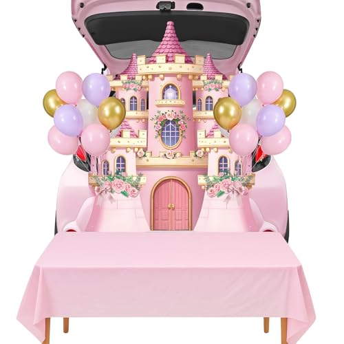 Panelee Rosa Prinzessin Schloss Hintergrund Banner Pastell Tischdecke 20 Luftballons Rosa Schloss Foto Booth Requisiten Party Dekorationen Zubehör für Geburtstag Babyparty Halloween Party Kofferraum von Panelee