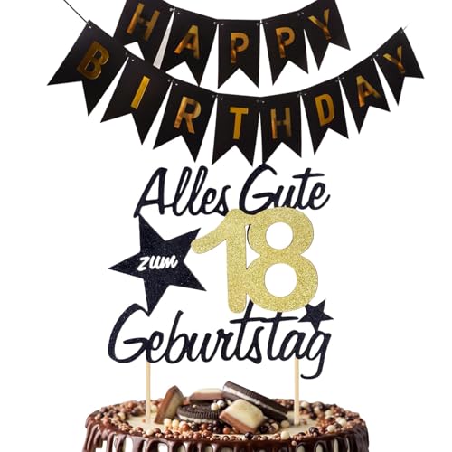 2 Stück Tortendeko, 18 Geburtstag Deko, Happy Birthday Cake Topper Karte Einlegen Und Geburtstagsbanner Torten Deko für 18th Geburtstag Junge, Geschenk zum 18 Tortendeko Gold Schwarz Frauen Männer 2 Stück Tortendeko, 18 Geburtstag Deko, Happy Birthday Cake Topper Karte Einlegen Und Geburtstagsbanner Torten Deko für 18th Geburtstag Junge, Geschenk zum 18 Tortendeko Gold Schwarz Frauen Männer von PangWuu
