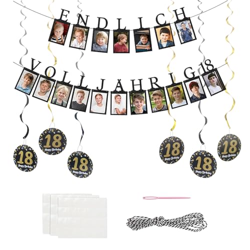 2er Set 18. Geburtstag Junge Deko, Girlande Geburtstag mit 18 Fahnen und Spiralanhänger, Schwarz-Gold Erwachsenwerden Dekoration für Foto-Hintergrund und Partyraum 2er Set 18. Geburtstag Junge Deko, Girlande Geburtstag mit 18 Fahnen und Spiralanhänger, Schwarz-Gold Erwachsenwerden Dekoration für Foto-Hintergrund und Partyraum von PangWuu