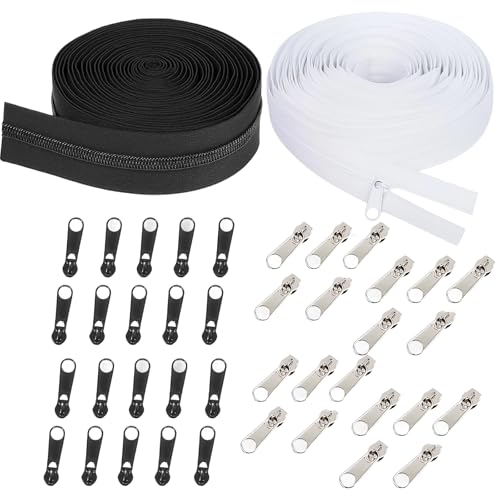 42 Reißverschluss Set, endlosreißverschluss mit zipper, 10m schwarz und 10m weiß, 20 schwarze und 20 weiße Reißverschlusszüge, 5mm breit, Nylon, für DIY, Nähen und Handarbeit von PangWuu