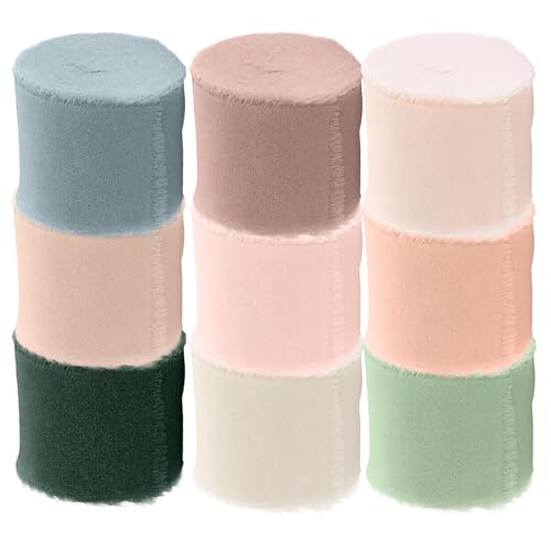 9 Schleifenband Chiffonband Set, 2,5 cm x 24,6 m, Seidenband für Hochzeitsdekoration, Geschenkverpackung, DIY Handwerk, Stoffband mit franziertem Rand von PangWuu