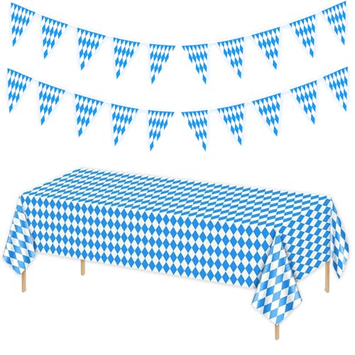 PangWuu 21-Teiliges Oktoberfest Deko Set, Bayrische Deko Für Biergarten Und Party, Inklusive 1x Tischdecke 137x274cm Und 20x Wimpel 20x30cm, Ideal Für Oktoberfest Und Bayerische Feste von PangWuu