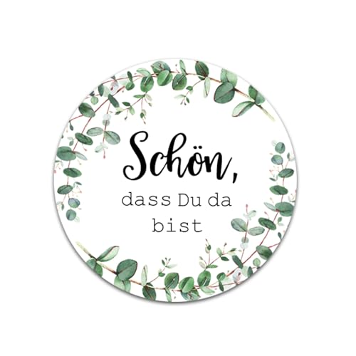 Pangogogo 120 Stück Aufkleber "Schön Dass du da bist" - 4 cm runde Aufkleber Hochzeit mit Eukalyptus Design - Selbstklebende Etiketten für Geschenke, Einladungen & Danksagungen (Premium Kupferpapier) von Pangogogo