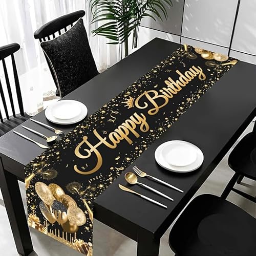 Pangogogo Tischläufer 180x35 cm Geburtstag - Happy Birthday Tischdeko aus Polyester, Schwarz mit Golddruck (Luftballons) - Wiederverwendbare Partydeko von Pangogogo