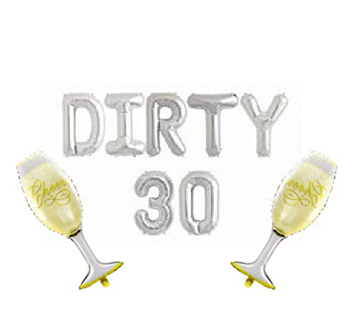 Pannu Design Dirty 30 Luftballons mit Aufschrift "Thirty AF Letter Balloons SO HAPPY I M THIRTY Balloons Thirty and ThRISTY Balloons 30th Happy Birthday" (Silber DIRTY 30 mit Champagnerflasche und von Pannu Design