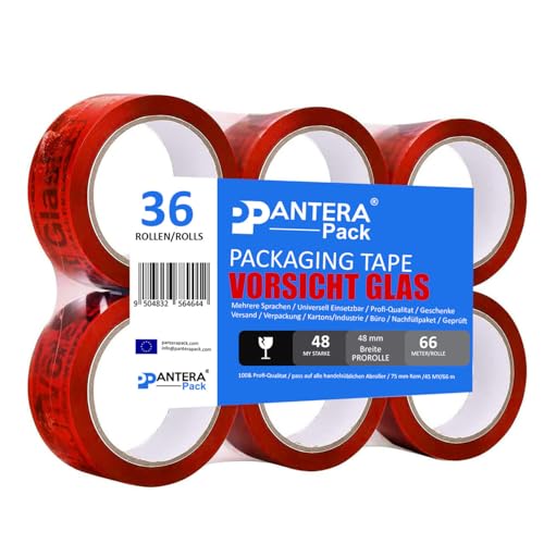 Pantera Pack Paketband Vorsicht Glas zerbrechlich 5cm x 66m in rot (36 Rollen) Vorsicht Glas Paketband 48my extra stark Klebeband für fragile und zerbrechliches Glas Paketklebeband als Rollenset von Pantera Pack