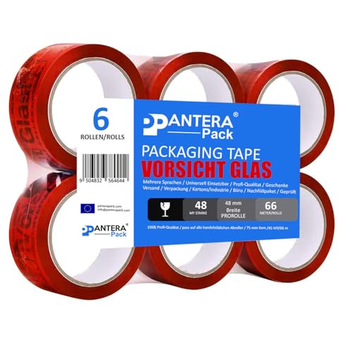 Pantera Pack ® 6 rollen Klebeband Vorsicht Glas 50mm x 66m Packband 48my Paketband Kleberollen Kartonkleber von Pantera Pack
