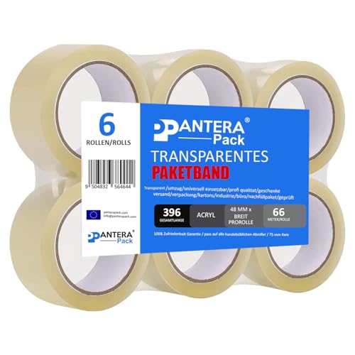 Pantera Pack 6 Rollen Paketklebeband Transparent Paketband Klebeband Universalklebeband Packband für Verpacken von Paketen und Versandschachteln, 66 m x 48 mm, Reißfestigkei, Hohe Klebekraft von Pantera Pack