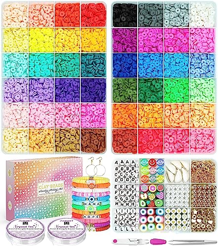 Paodey 12000 Stück Tonperlen für Armbandherstellung, 48 Farben, 3 Boxen, Schmuckherstellungs-Set, Polymer-Abstandshalter, adrette Heishi-Perlen und elastische Schnüre von Paodey