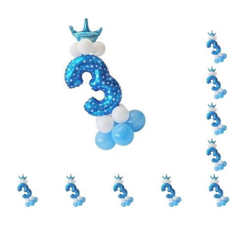 10-teiliges Set mit allen Zahlen, Krone, Luftballons, Säulenset, Happy Birthday, Party-Dekoration, Nummer 3, Blau von Paowsietiviity