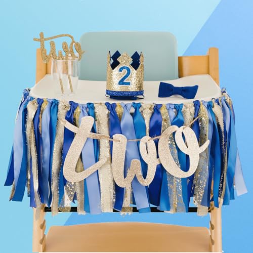 PapaKit Baby Boy Royal Prince 2nd Birthday Hochstuhl Premium Deko Set (Kronenhut, Fliege, Tortenaufsatz, Banner, Girlande) von PapaKit