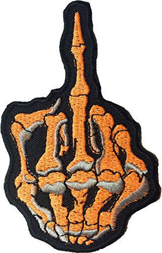 Mittelfinger Skelett Knochen Rock Punk Aufnäher Aufnäher Bügelbild - Orange (Iron Mittelfinger - Orange) von Papapatch