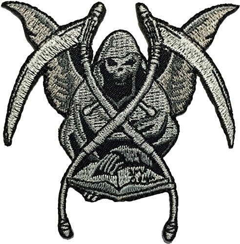 Papapatch Aufnäher / Bügelbild, Motiv: Sensenmann, God of Death, böses Buch, Sense, Motorrad, Biker, Kostüm, zum Aufnähen von Papapatch