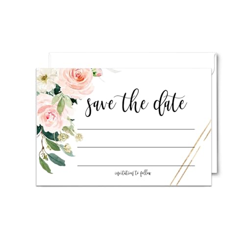 Graceful Floral Save the Date Karten mit Umschlägen (25 Stück) Blanko-Einladung für Hochzeit, Abschlussfeier, Geburtstag, Jahrestag, Duschen - Grünes Thema Blush und Gold - 4bar Set von Paper Clever Party