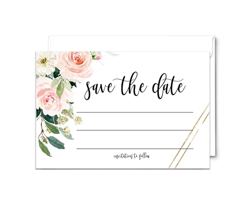 Graceful Floral Save the Date Karten mit Umschlägen (25 Stück) Blanko-Einladung für Hochzeit, Abschlussfeier, Geburtstag, Jahrestag, Duschen - Grünes Thema Blush und Gold - 4bar Set von Paper Clever Party