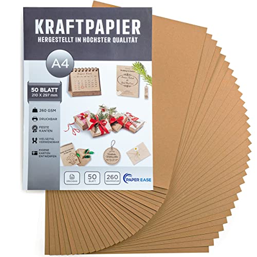 Paper Ease Kraftpapier A4 260g – 21 x 29,7 cm, 50 Stück – Naturkartonpapier im exakten DIN-Format – perfekt zum Bemalen, Bedrucken, Basteln & Vintage Style Hochzeitsgeschenke… (Kraftpapier) von Paper Ease