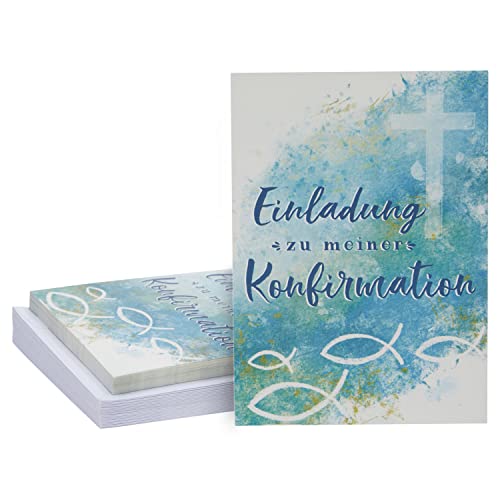 24 Stück Einladungskarten zur Konfirmation zum Ausfüllen mit Umschlägen, Fisch und Kreuz-Motiv, Aquarell-Design, DIN A6, Blau 24 Stück Einladungskarten zur Konfirmation zum Ausfüllen mit Umschlägen, Fisch und Kreuz-Motiv, Aquarell-Design, DIN A6, Blau von Paper Junkie