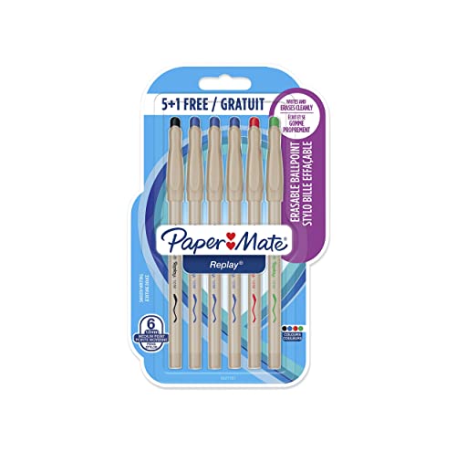 Paper Mate Replay Radierbarer Kugelschreiber | mittlere Spitze (1,0 mm) | sortierte Farben | 6 Stück von Paper Mate