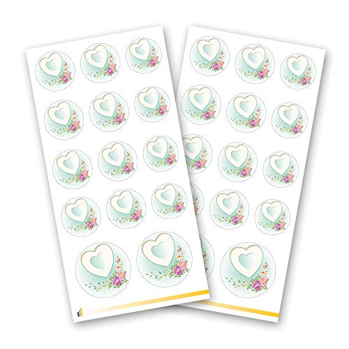 28 Blumen-Sticker, Motiv HERZ MIT PFINGSTROSEN | 3 verschiedene Durchmesser | 2 Aufkleberbögen - insg. 28 Aufkleber | Paper-Media von Paper-Media
