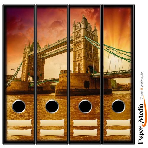 4 Ordnerrücken Motiv-Aufkleber TOWER BRIDGE - Format 65 x 300 mm - passend für 4 breite Standard Din-A4-Ordner mit 7,5 oder 8,0 cm Rückenbreite von Paper-Media