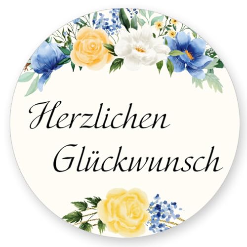 50 Aufkleber HERZLICHEN GLÜCKWUNSCH - Blumenmotiv Rund Ø 4,5 cm, Besondere Anlässe Glückwünsche, Motiv-Sticker von Paper-Media