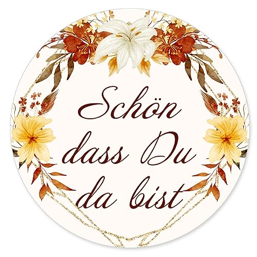 50 Aufkleber SCHÖN, DASS DU DA BIST! - Blumenmotiv Rund Ø 4,5 cm, Besondere Anlässe Hochzeit, Motiv-Sticker von Paper-Media