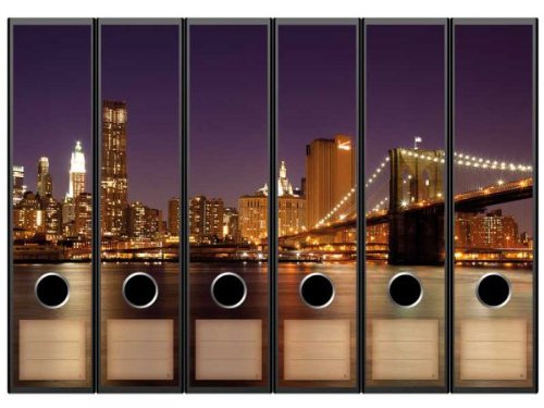 6 Ordnerrücken Motiv-Aufkleber MANHATTAN SKYLINE - Format 65 x 300 mm - passend für 6 breite Standard Din-A4-Ordner mit 7,5 oder 8,0 cm Rückenbreite von Paper-Media