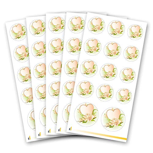 70 Blumen-Sticker, Motiv HERZ MIT SEEROSEN | 3 verschiedene Durchmesser | 5 Aufkleberbögen - insg. 70 Aufkleber | Paper-Media von Paper-Media