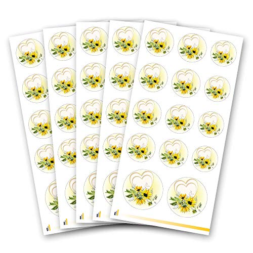 70 Blumen-Sticker, Motiv HERZ MIT SONNENBLUMEN | 3 verschiedene Durchmesser | 5 Aufkleberbögen - insg. 70 Aufkleber | Paper-Media von Paper-Media