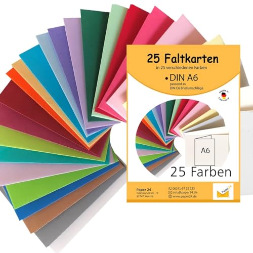 25 Klappkarten bunt blanko Karten Faltkarten A6 in 25 Farben als Kartenset bunt, ideal zum Basteln, zu Weihnachten oder als Geschenkidee passend für C6 Umschläge von Paper24