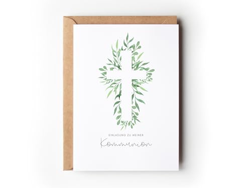 10 Einladungskarten Kommunion Eukalyptus mit Umschlägen, Boho Einladungen Erstkommunion floral zum Ausfüllen, Einladung modern Heilige Kommunion Jungen Mädchen (Einladung Kommunion Eukalyptus) von Paperlane by Essi