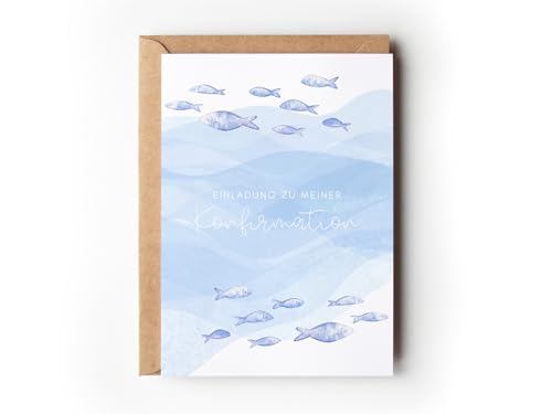 10 Einladungskarten Konfirmation mit Umschlägen, moderne Einladungen Konfirmation, minimalistische Einladungskarten Fische zum Ausfüllen für Jungen und Mädchen (Einladung Konfirmation Fische) von Paperlane by Essi