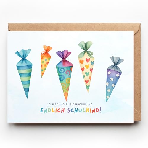 10 Einladungskarten zur Einschulung mit bunten Schultüten, Aquarell Einladungen Schulstart Schulanfang Junge Mädchen, A6 Einladungen Schuleinführung Erstklässler A6 (10 Einladungen inkl. Umschläge) von Paperlane by Essi