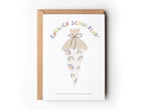 10 Einschulung Einladungskarten mit Schultüten-Motiv und Umschlägen, Boho Regenbogen Einladung für Schulbeginn Mädchen Jungen, Partyeinladung 1. Schultag, Schulstart Schulkind (Schultüte Regenbogen) von Paperlane by Essi