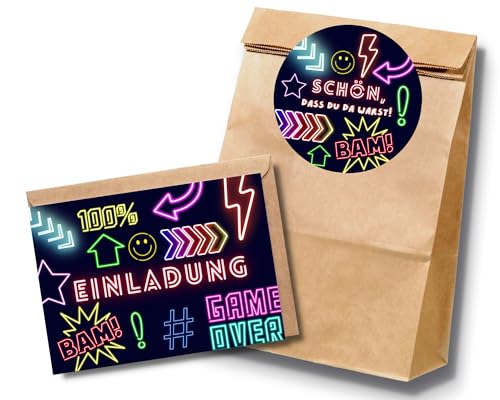10 Neon Lasertag Einladungskarten und Gastgeschenktüten für Lasertag Geburtstag, Geburtstagsset mit Gaming Einladung und Mitgebseltüten für Jungen Geburtstag, Inkl. Umschläge und Stickern 10 Neon Lasertag Einladungskarten und Gastgeschenktüten für Lasertag Geburtstag, Geburtstagsset mit Gaming Einladung und Mitgebseltüten für Jungen Geburtstag, Inkl. Umschläge und Stickern von Paperlane by Essi