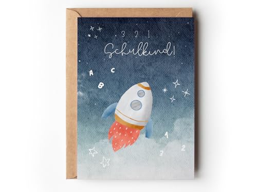 Glückwunschkarte Einschulung Junge Rakete, Aquarell Weltraum Grußkarte Schulanfang, 3 2 1 Schulkind Klappkarte Schuleinführung, Karte 1.Schultag Mädchen mit Umschlag (1 Karte mit Umschlag) von Paperlane by Essi