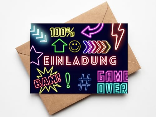Neon Lasertag Einladungskarten - Lasertag Geburtstag - inkl. Umschläge 10 Stück (Neon, 10er Set Einladungskarten) von Paperlane by Essi